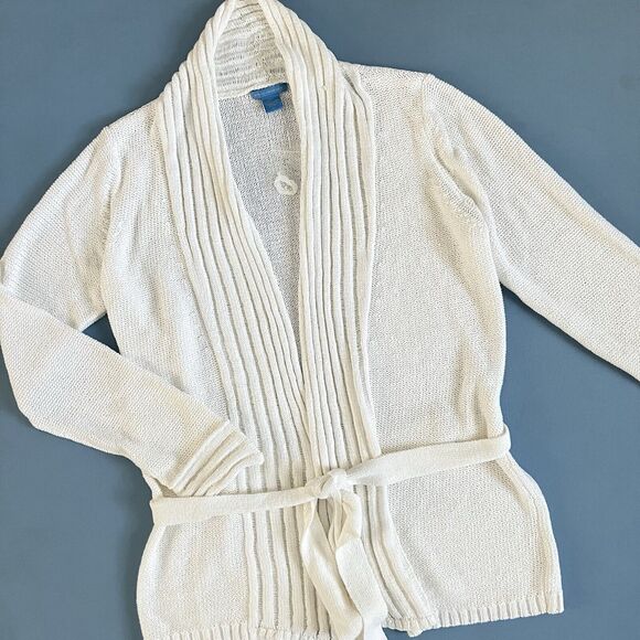 White + Warren Sweaters - White + Warren Open Front Self Tie Belt White Cotton Cardigan Sweater